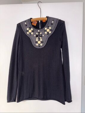 Tory Burch Wool Sweater with Black & Cream Jewel Embellishment